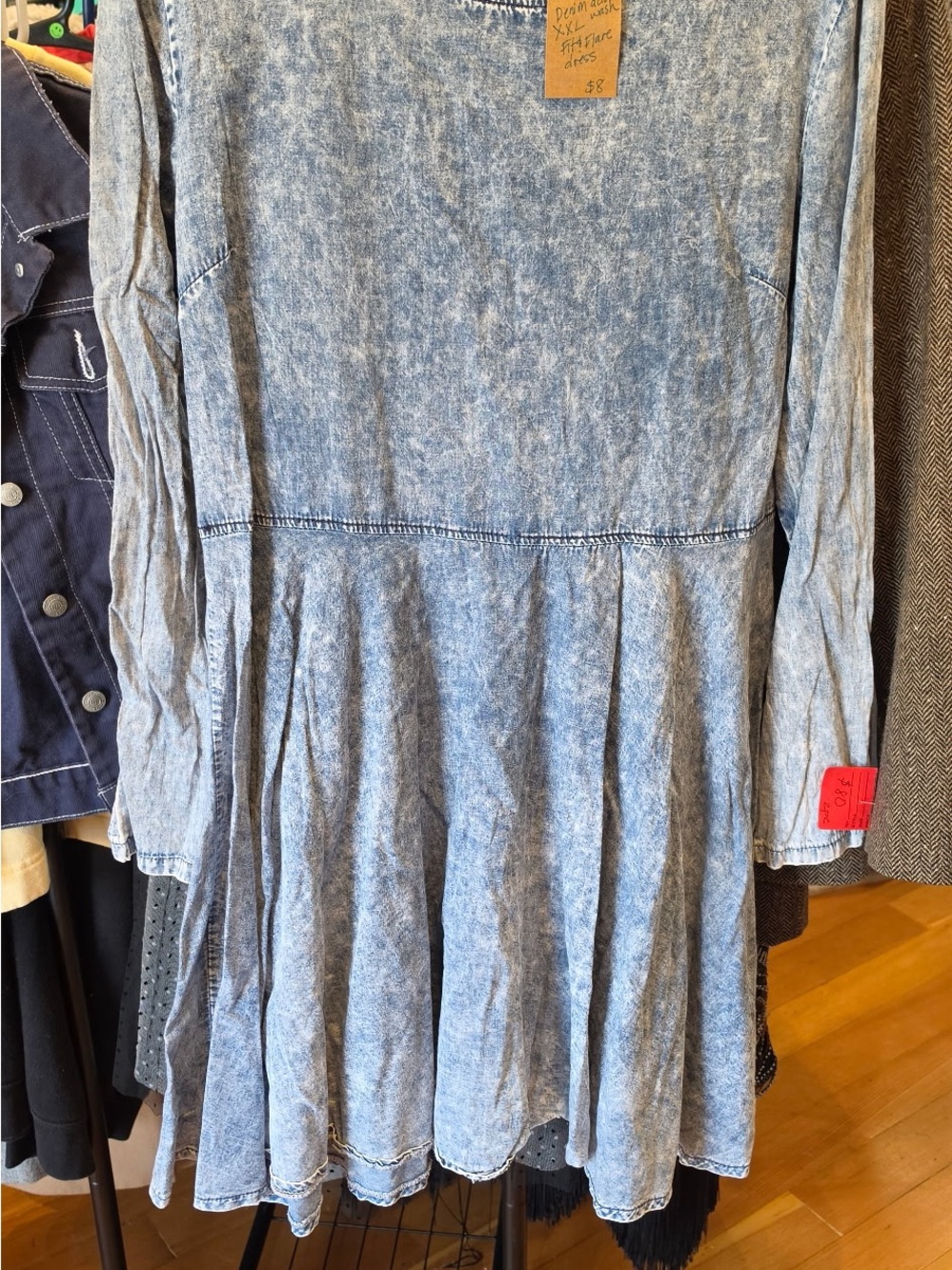 90s Womens Blue Acid-Wash Long Sleeve Dress